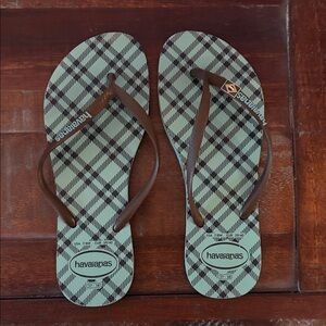 Havaianas Green Plaid Flip Flops with Brown Straps